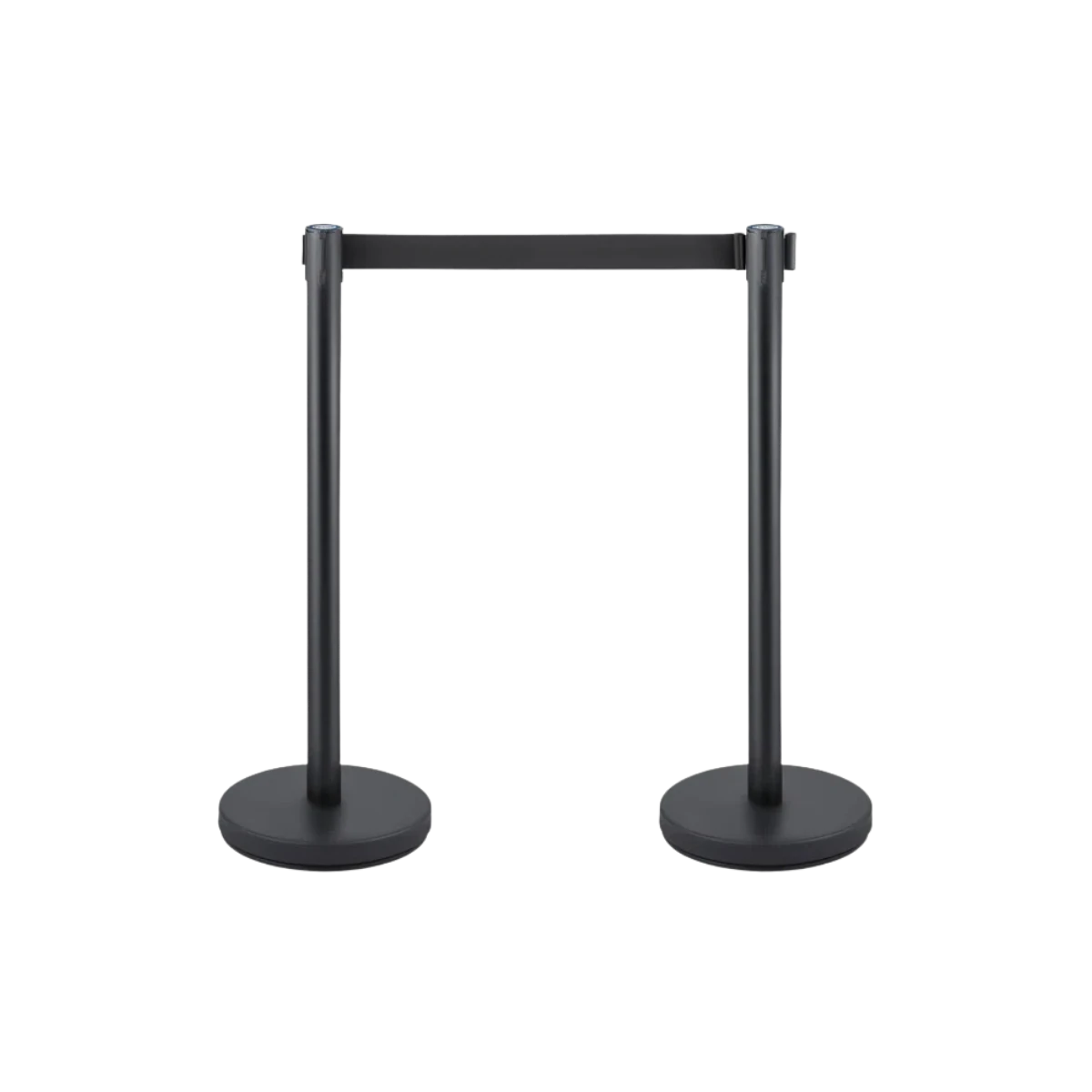 A pair of black retractable belt stanchions with the belt drawn between them