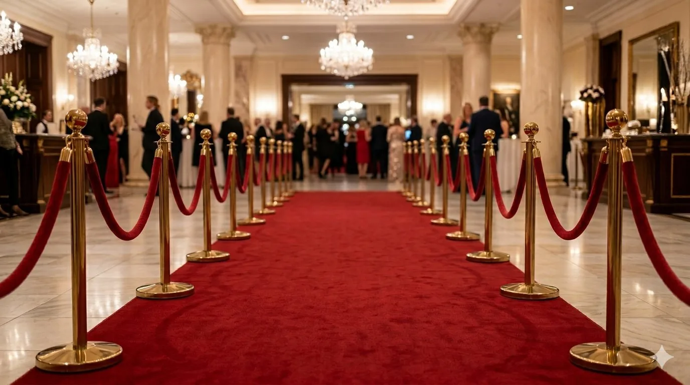 A red carpet flanked by gold posts and red velvet ropes leading into a chandeliered hall of guests in evening dress